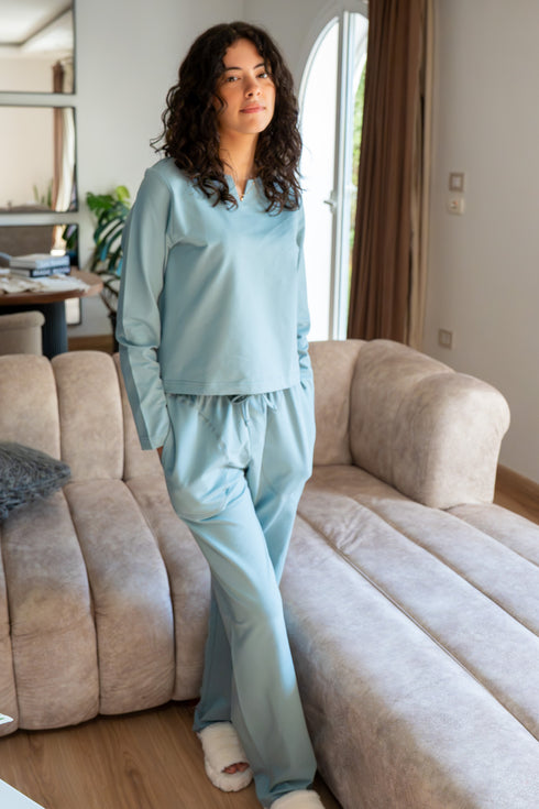 Women Fall Pajama Set Dusty Blue sweatshirt + pants